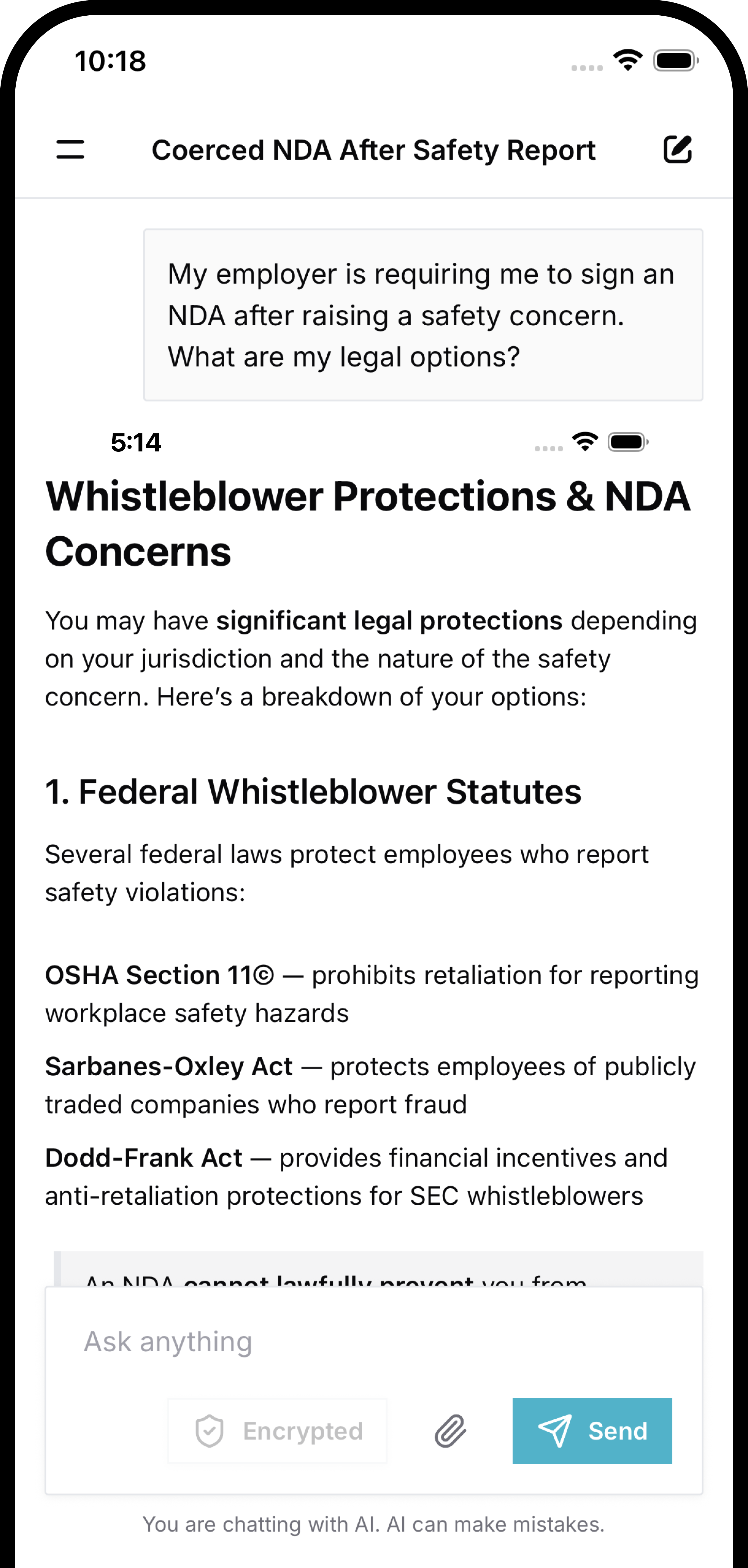 Strongwall mobile app showing a private legal question and a detailed encrypted answer